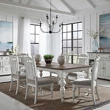 Liberty Furniture River Place 7 Piece Rectangular Table Dining Room Table Set, 6 Panel Back Chairs - Riverstone White & Tobacco