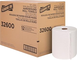 Genuine Joe Embossed Hardwound Roll Towels, 2" Core, 1-Ply, 7.8" x 600', White, 12 Count
