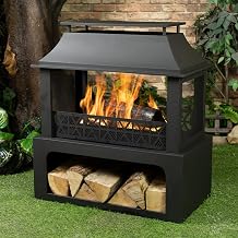 36" Rectangular Steel Outdoor Wood Burning Fireplace - Outdoor Fireplace with Adjustable Cooking Grill & Log Storage Compartment - Camping Fire Place with Safety Screen and Poker