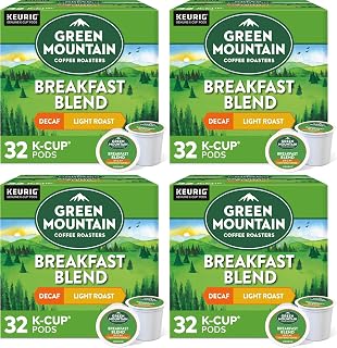 Green Mountain Coffee Roasters Breakfast Blend Decaf Coffee, Keurig Single-Serve K-Cup Pods, Light Roast, 32 Count (Pack of 4)