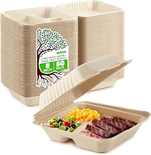 Clamshell Take Out Food Containers 8 x 8 (50 Pack) 3-Compartment, Disposable To Go Container, Togo Boxes With Lids, Trays for Lunch, Dinner, Meal-Prep, Eco Friendly, Compostable, Biodegradable