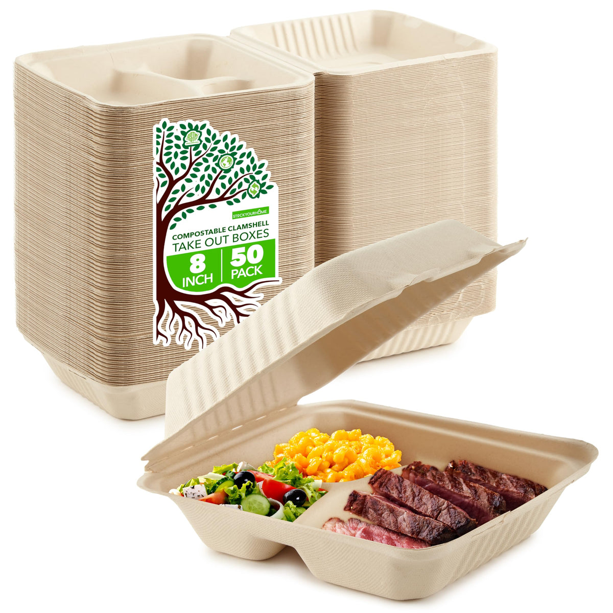 Stock Your Home 9 x 6 Clamshell, 1 Part (50 Count) / Natural / 9.0 inches Clamshell Take Out Containers