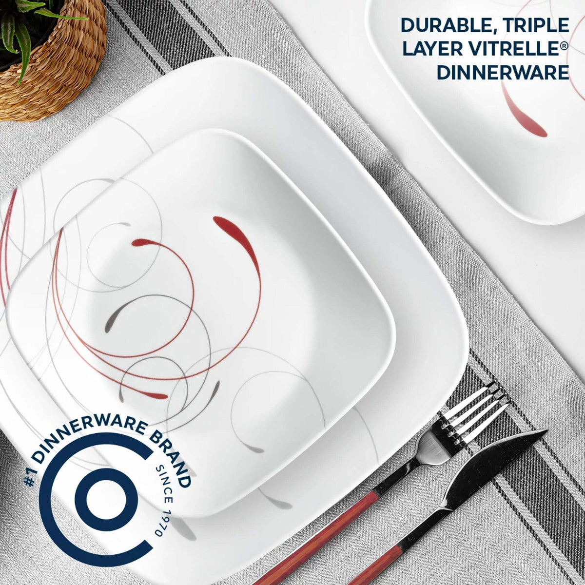 Square Splendor 12-Piece Dinnerware Set by Corelle – Glass, Gray, Pack of 12