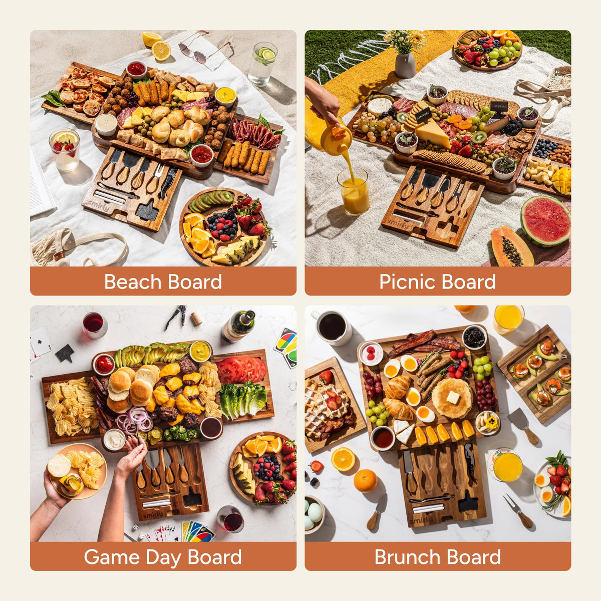Smirly Charcuterie Board Set, Acacia Wood, 15.7 x 13.3 Inches