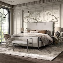 Lalia Hammered Metal 4-Piece Bedroom Collection, Upholstered Bed Frame with Beige Fabric Headboard, Bench and 1-Shelf Nightstands, Foundation Required, King, Matte Grey