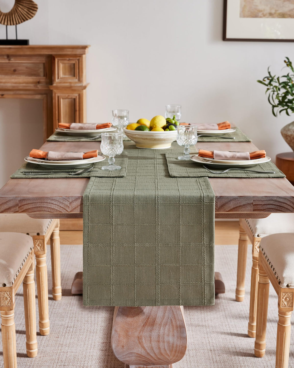 ZeeMart Linen Plaid Placemats, 13 x 19 Inch, Set of 6 Olive