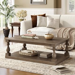 Vintage Coffee Tables for Living Room, Mesa de Centro Coffee Table | Artistic vase column legs, premium pine veneer, solid rubberwood, sturdy construction, easy assembly, perfect for coffee