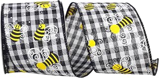 Reliant Ribbon 93618W-984-40F Bumble Bee Gingham Check Wired Edge Ribbon, 2-1/2 Inch X 10 Yards, Black/White