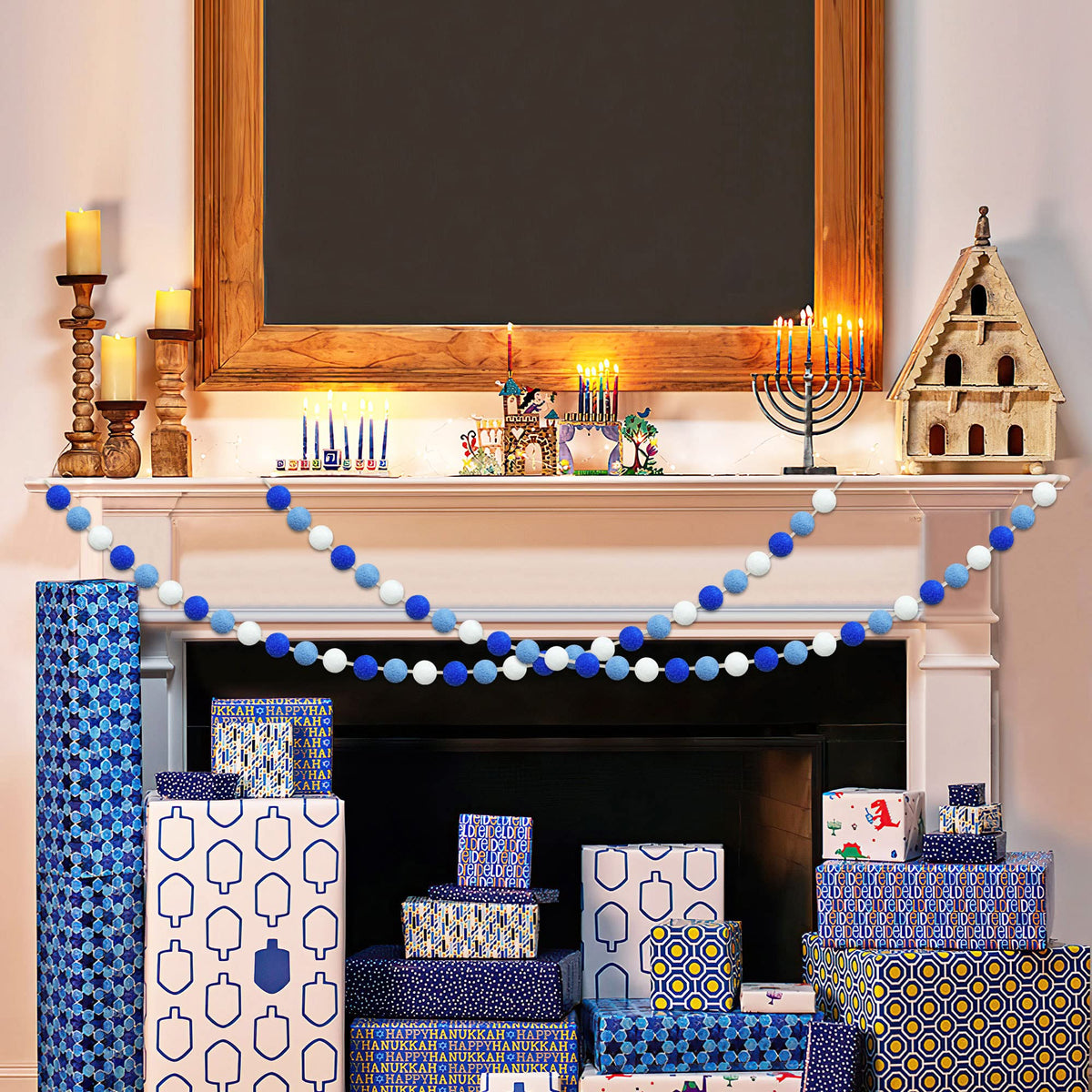 Partyprops Felt Ball Garland, 60 Balls, Blue Dark Blue White