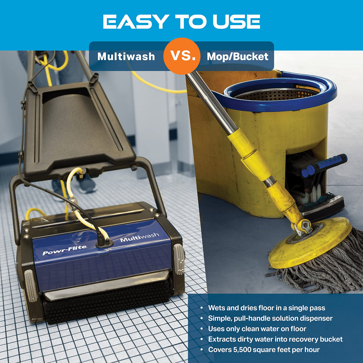 Multiwash Commercial Floor Scrubber Machine by Powr-Flite – Large, 1.0 gallons, Vinyl, Blue, Pack of 5