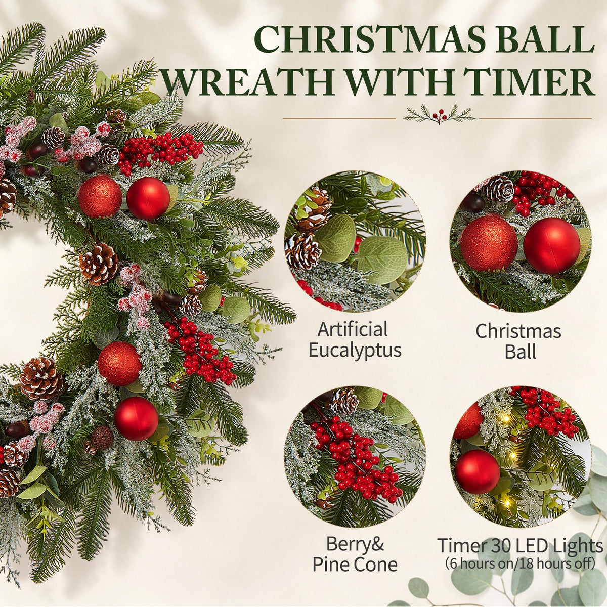 Worthyeah Pine Artificial Christmas Wreath, 24 Inch, Christmas