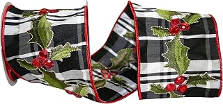 Reliant Ribbon 92335W-984-10D Plaid Holly Jewel Wired Edge Ribbon, 4 Inch X 5 Yards, Black/white