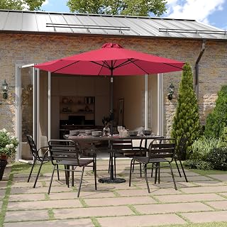 Flash Furniture 9 FT Round Solar LED Patio Umbrella, Red | 32 LED Lights, Crank and Tilt, 6 Hour Run Time, Commercial Grade