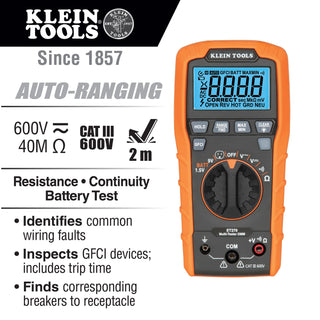 Klein Tools ET270 ABS Plastic Auto-Ranging Digital Multi-Tester, 3 1/8" x 6 7/16" - Default Title