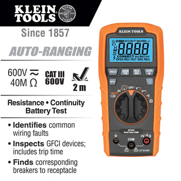 Klein Tools ET270 ABS Plastic Auto-Ranging Digital Multi-Tester, 3 1/8" x 6 7/16" - Default Title
