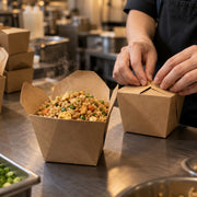 Emperor's Select Kraft Paper Take-Out Container, 50/Pack - in use