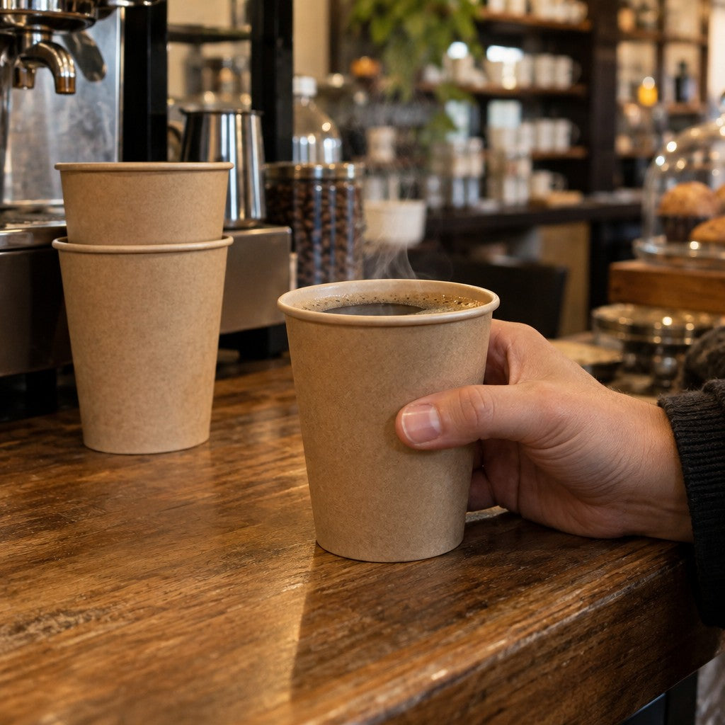 New Roots Paper Hot Cup, Kraft - in use