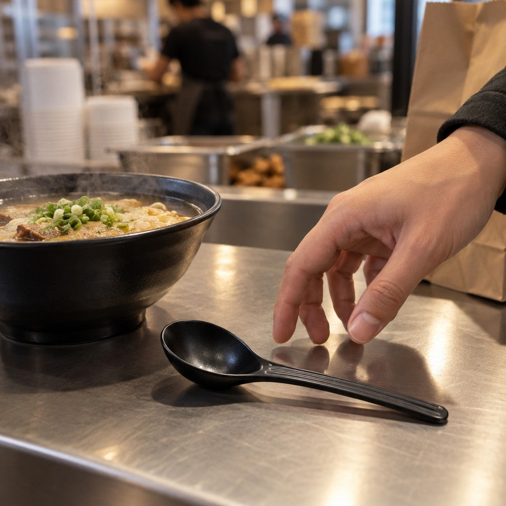 Choice Soup Spoon, 5 3/4" Long, Black, 100/Pack - in use