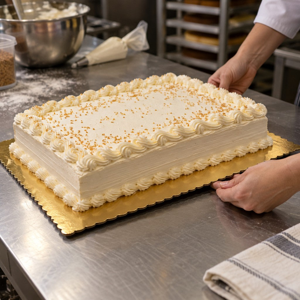 Baker's Lane 18248 Corrugated Cardboard Cake Pad, 13 3/4" x 18 3/4", Gold, 10/Pack - in use