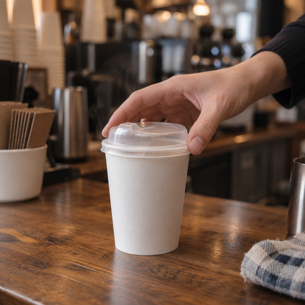New Roots PLA Plastic Paper Hot Cup Lid, Translucent, 50/Pack - in use
