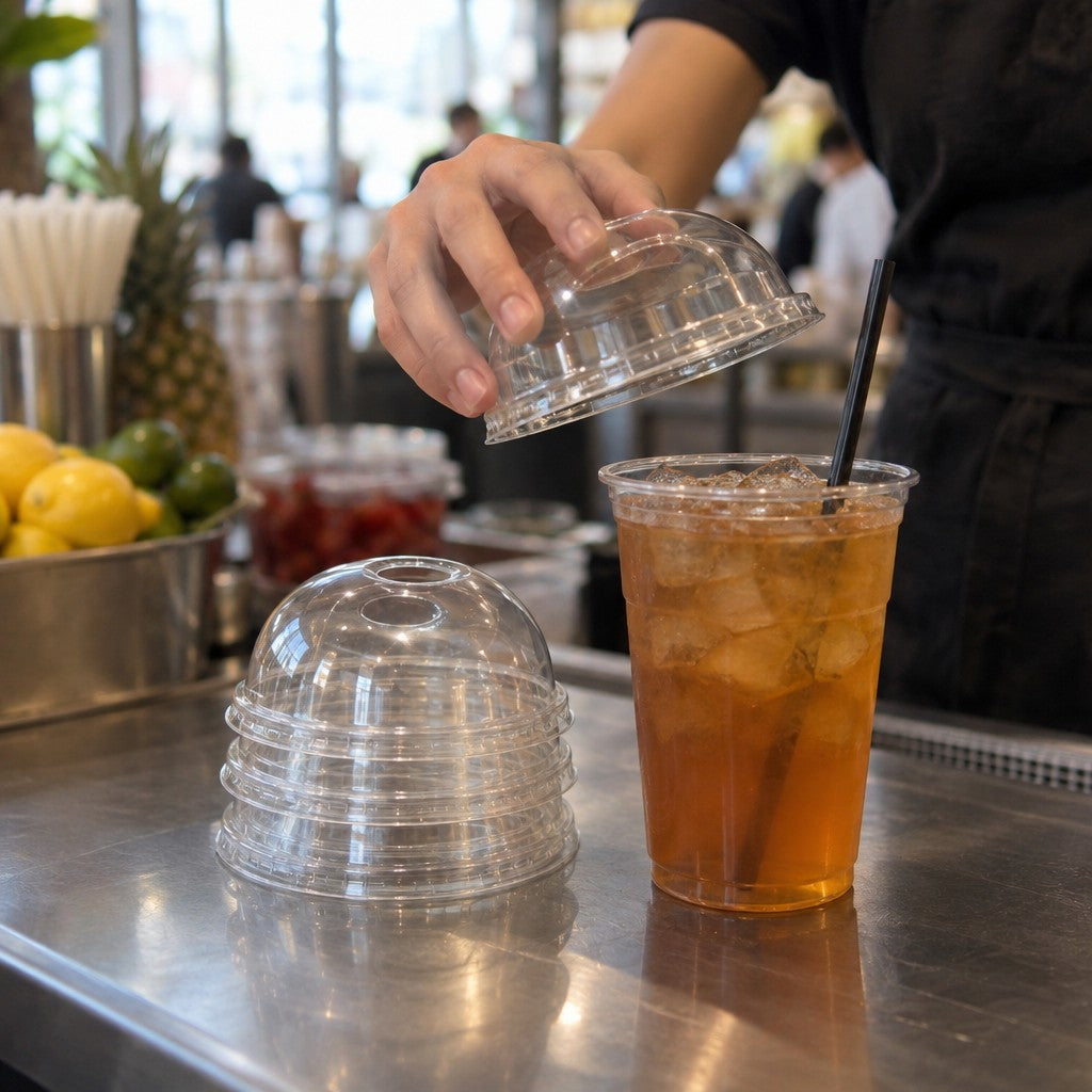 New Roots 9-24 Dome Plastic Cup Lid, 9 - 24 oz., Clear, 40/Pack - in use
