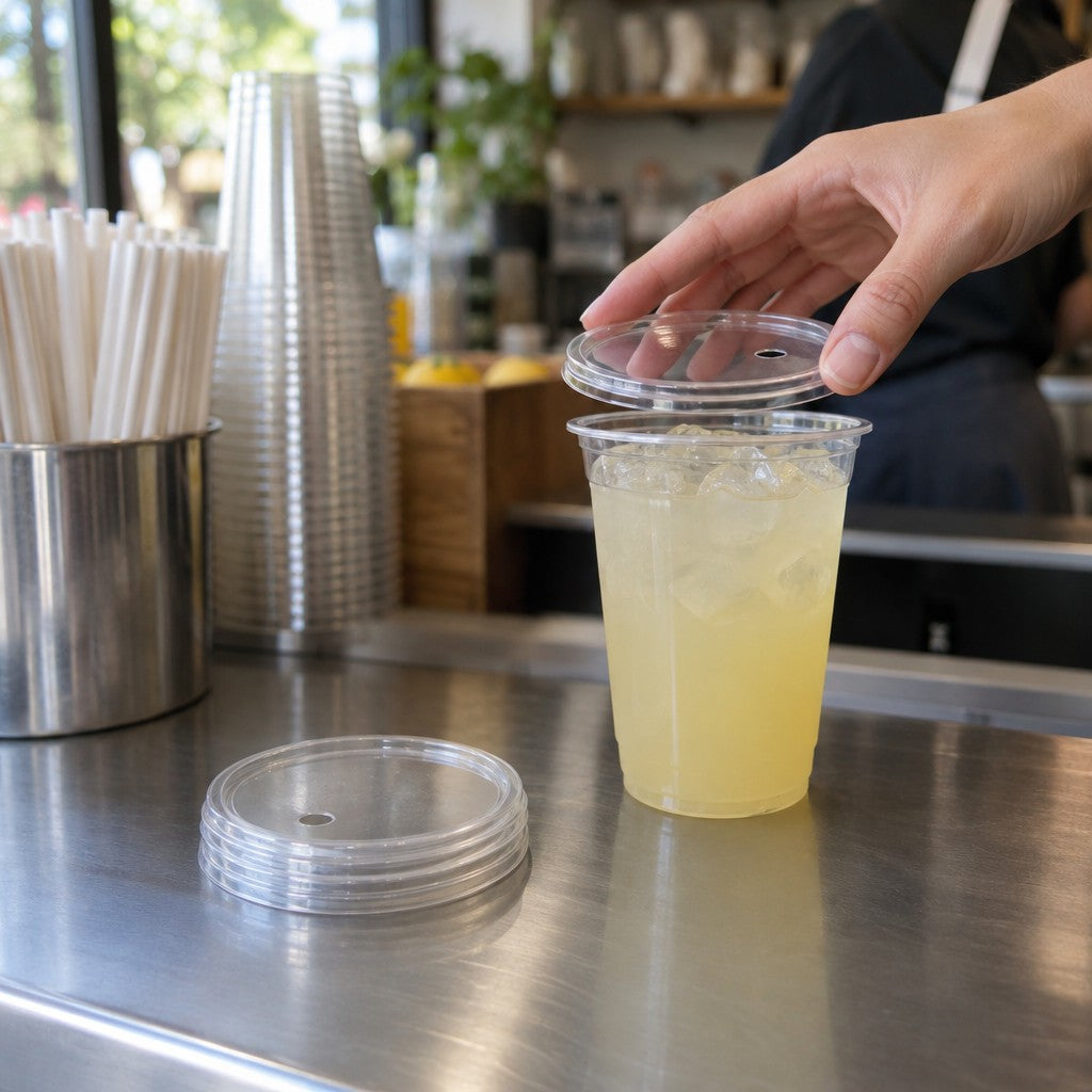 New Roots 9-24 Plastic Cup Lid, 9 - 24 oz., Clear, 40/Pack - in use