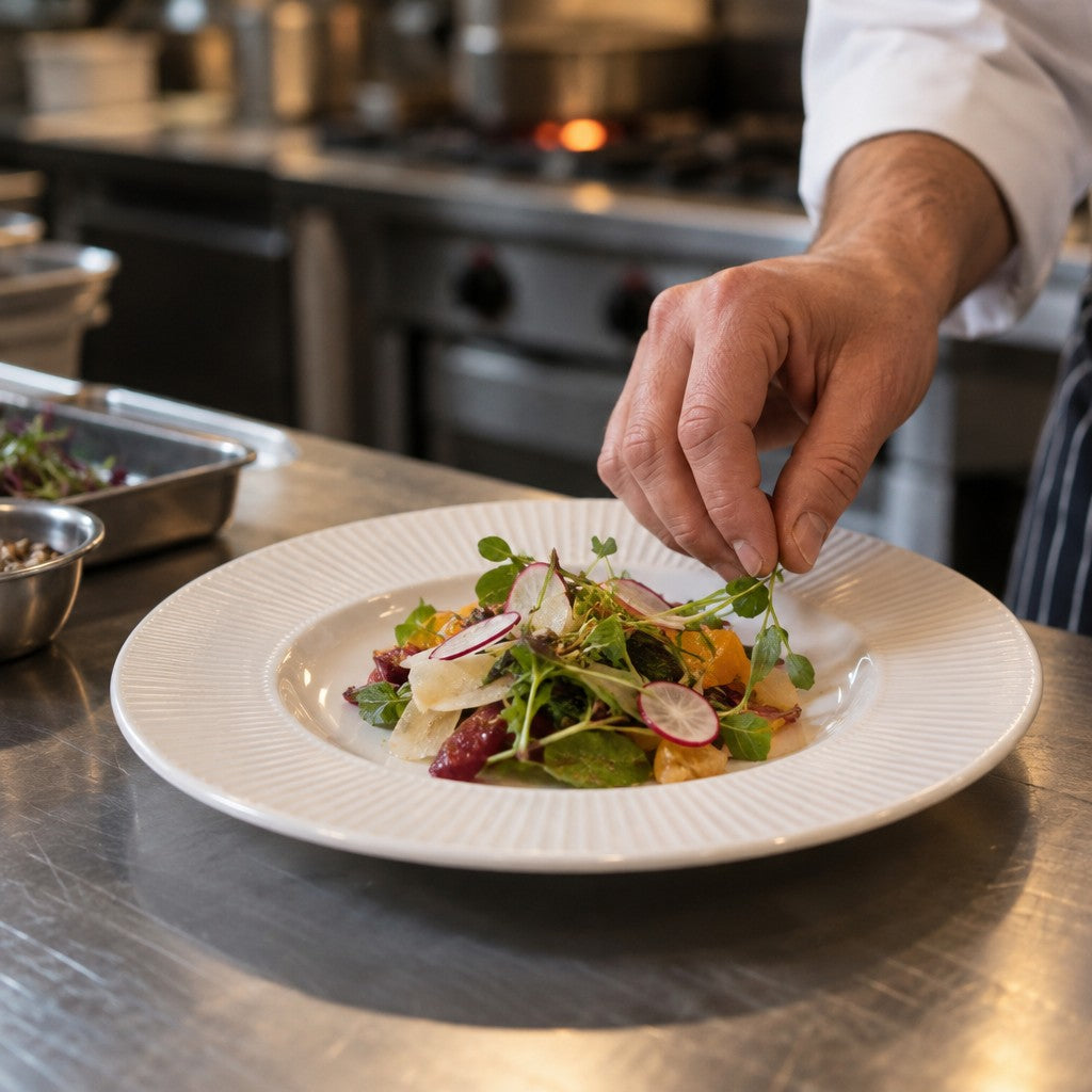 Acopa Liana Porcelain Plate, Bright White - in use