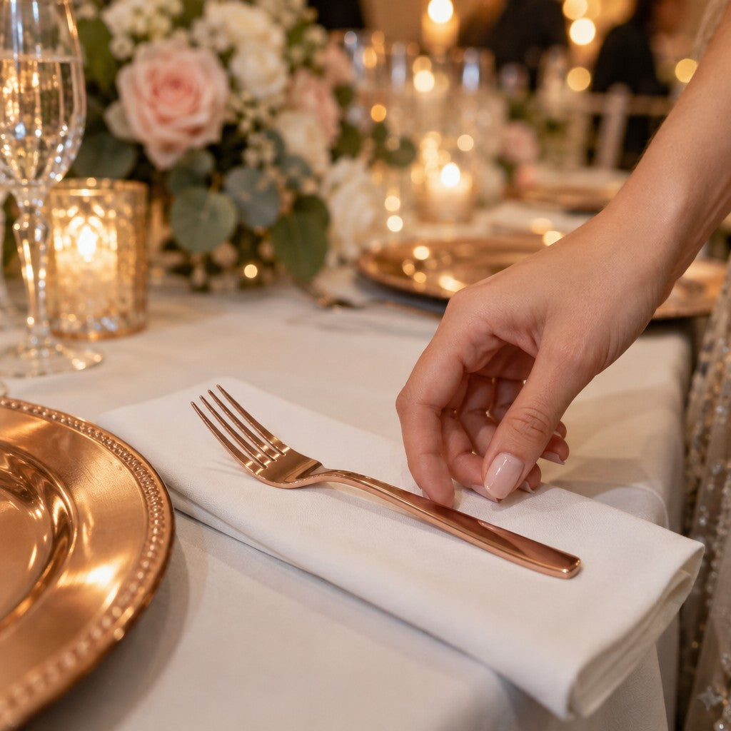 Visions Plastic Fork, Rose Gold, 25/Pack - in use