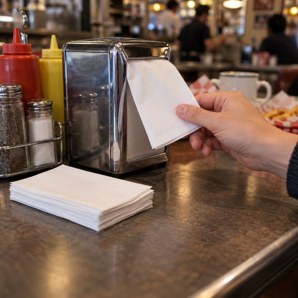 Choice OneUp by Choice Paper Dispenser Napkin, White, 250/Pack - in use