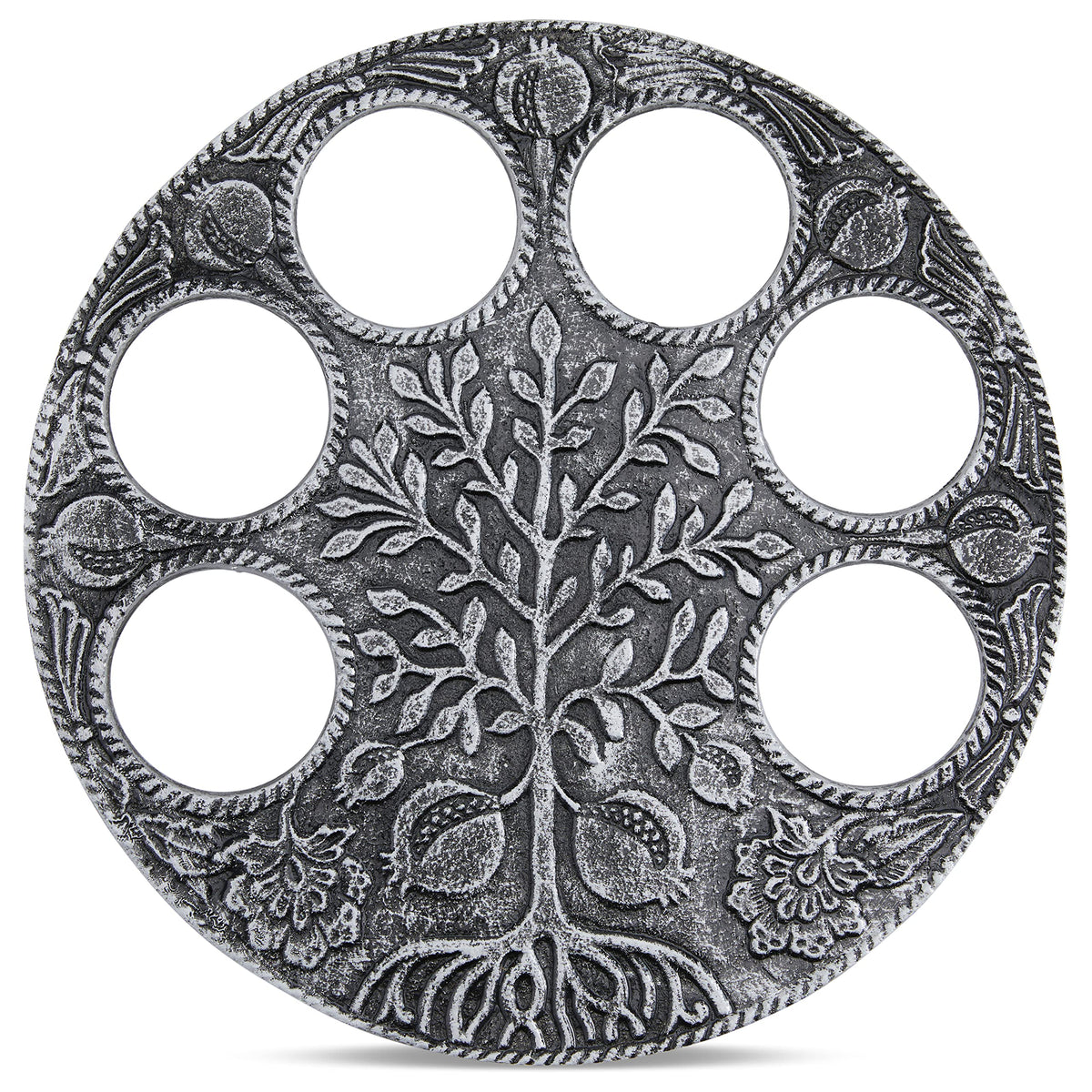 Zion Judaica Seder Plate, Antique Silver Metal With Glass Inserts, Tree Motif
