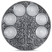 Zion Judaica Seder Plate, Antique Silver Metal With Glass Inserts, Tree Motif