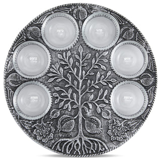 Zion Judaica Seder Plate, Antique Silver Metal With Glass Inserts, Tree Motif