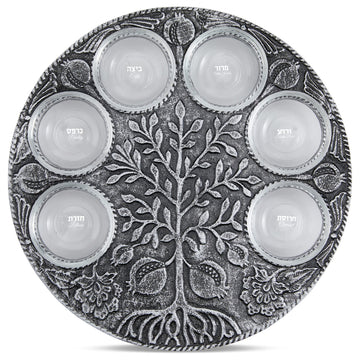 Zion Judaica Seder Plate, Antique Silver Metal With Glass Inserts, Tree Motif