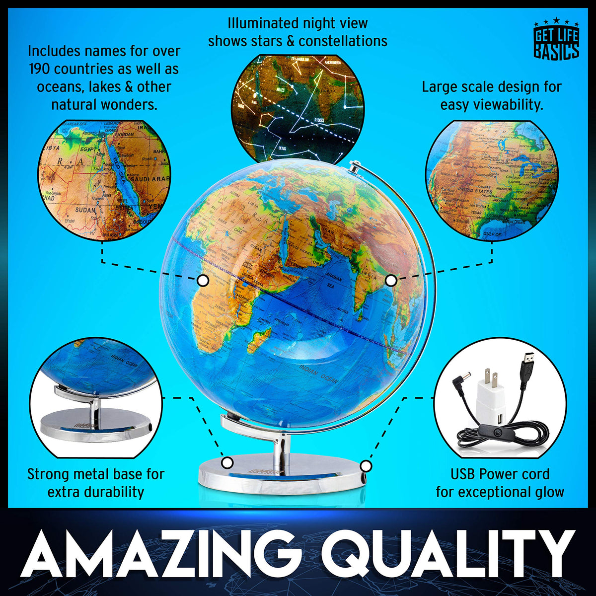 13” Illuminated Constellation World Globe for Kids & Adults by GET LIFE BASICS – Plastic, Geographic Map with Illuminated Constellations, Model glb101