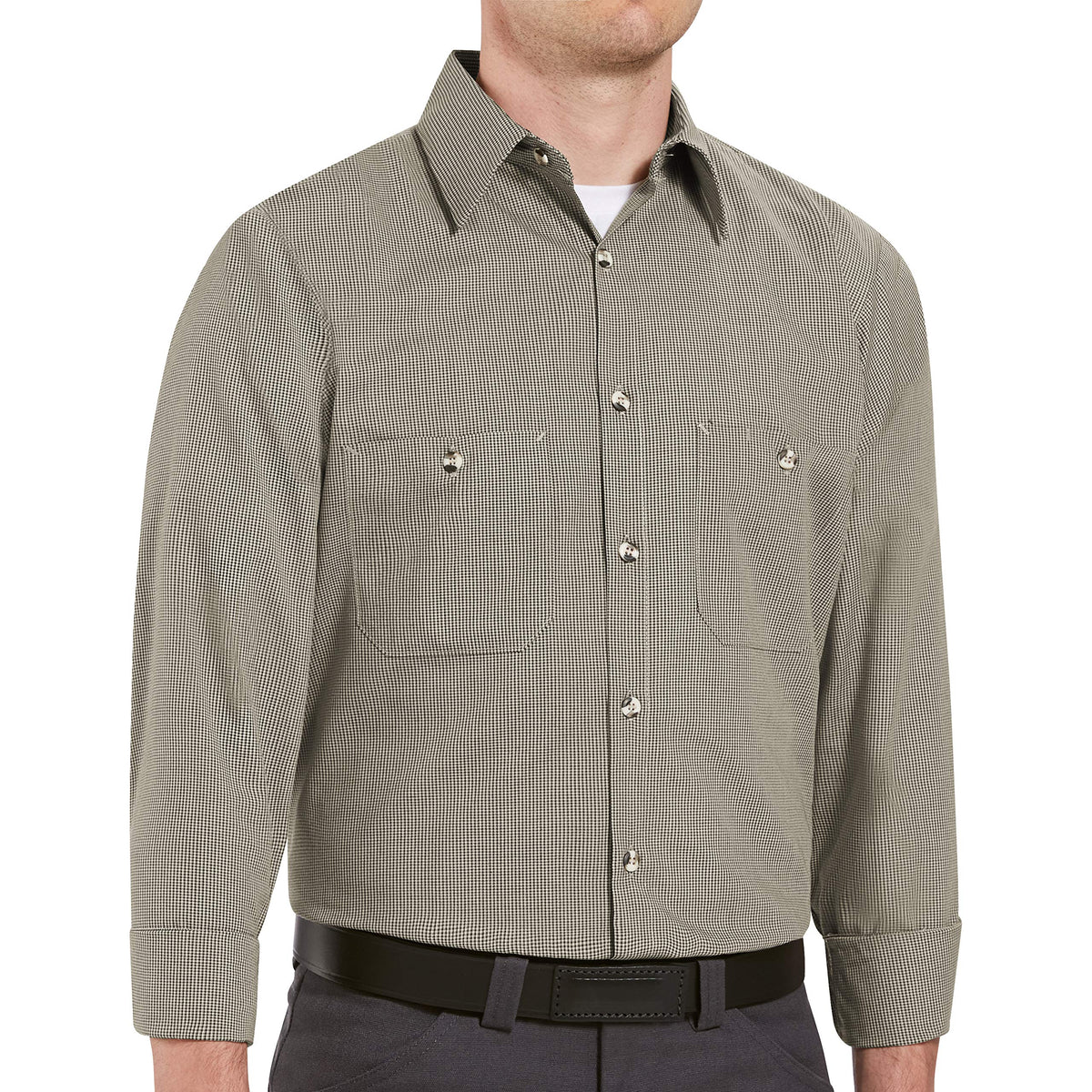 Red Kap Large / Khaki/Black Check / Micro-check Uniform Shirt, Regular Fit, Long Sleeve Tops