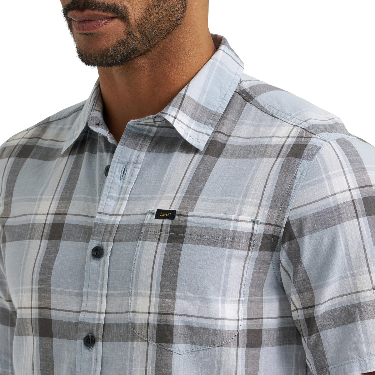 Men's All Purpose Classic Fit Short Sleeve Shirt – Cotton, Concrete Gray Plaid, Model 112382046