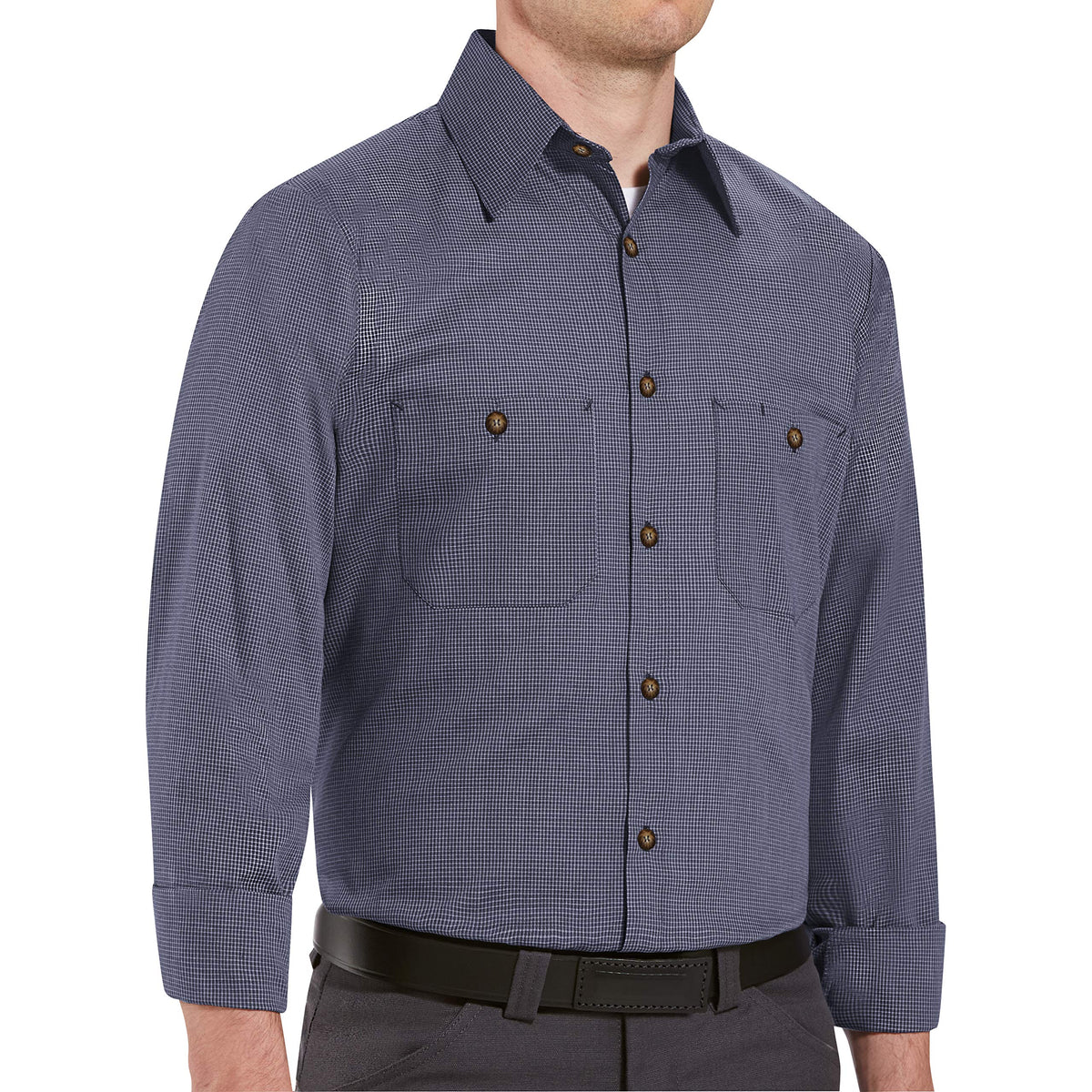 Men's Micro-Check Uniform Shirt by Red Kap – 6X-Large, Shell, Blue/Charcoal, Model SP10EX RG 6XL