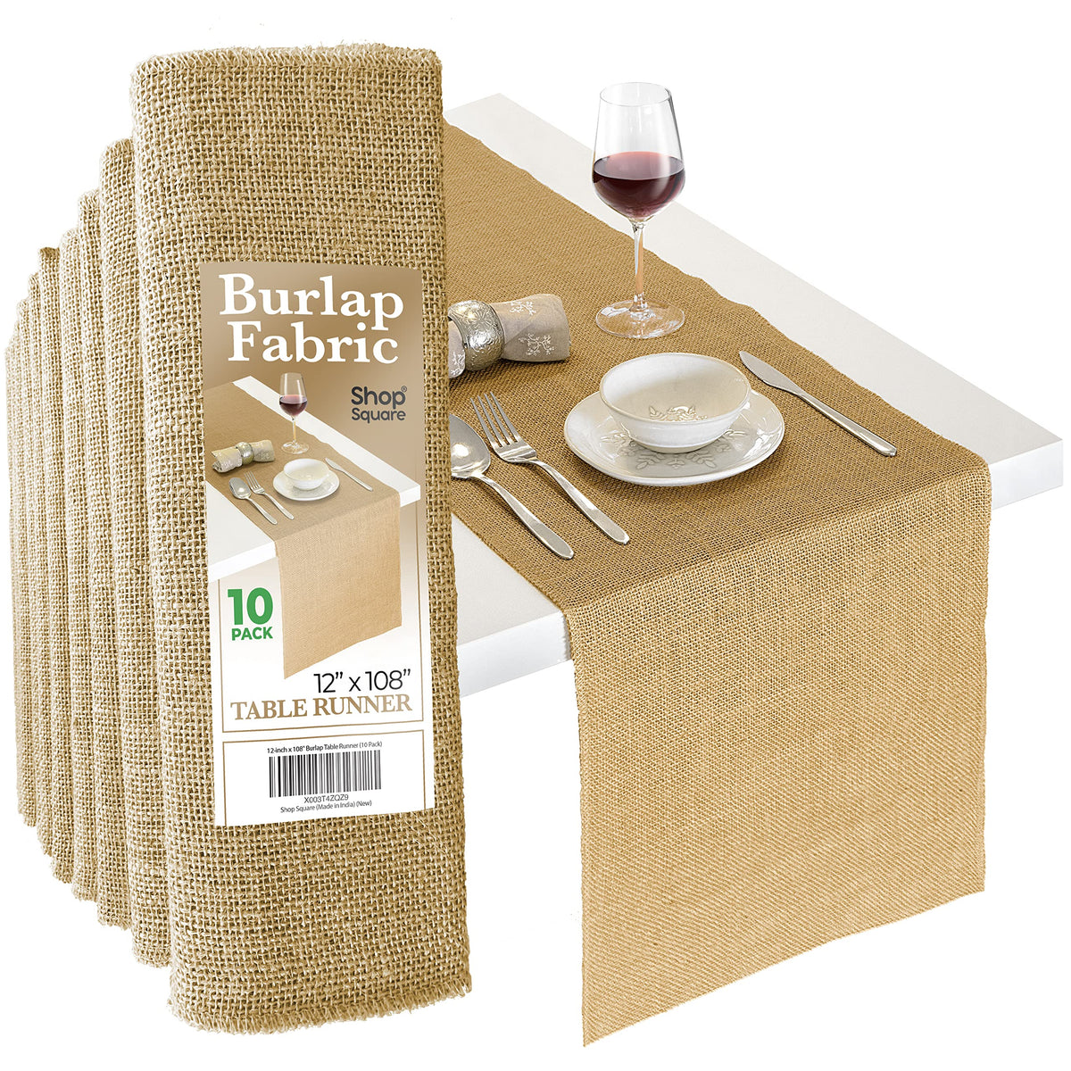 Shop Square Burlap Table Runner, 12 x 108 Inch, Natural - 10 Pack