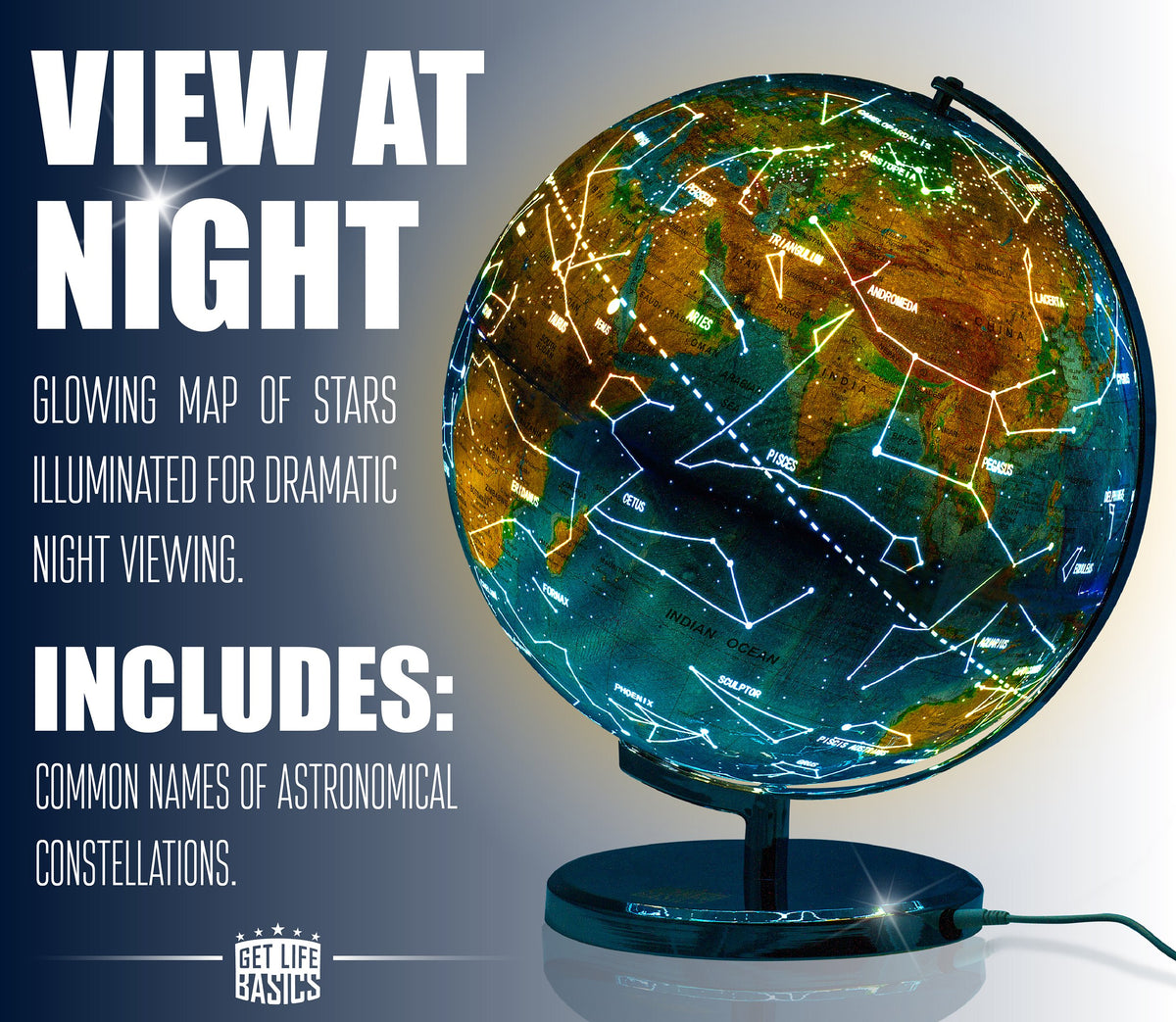 13” Illuminated Constellation World Globe for Kids & Adults by GET LIFE BASICS – Plastic, Geographic Map with Illuminated Constellations, Model glb101