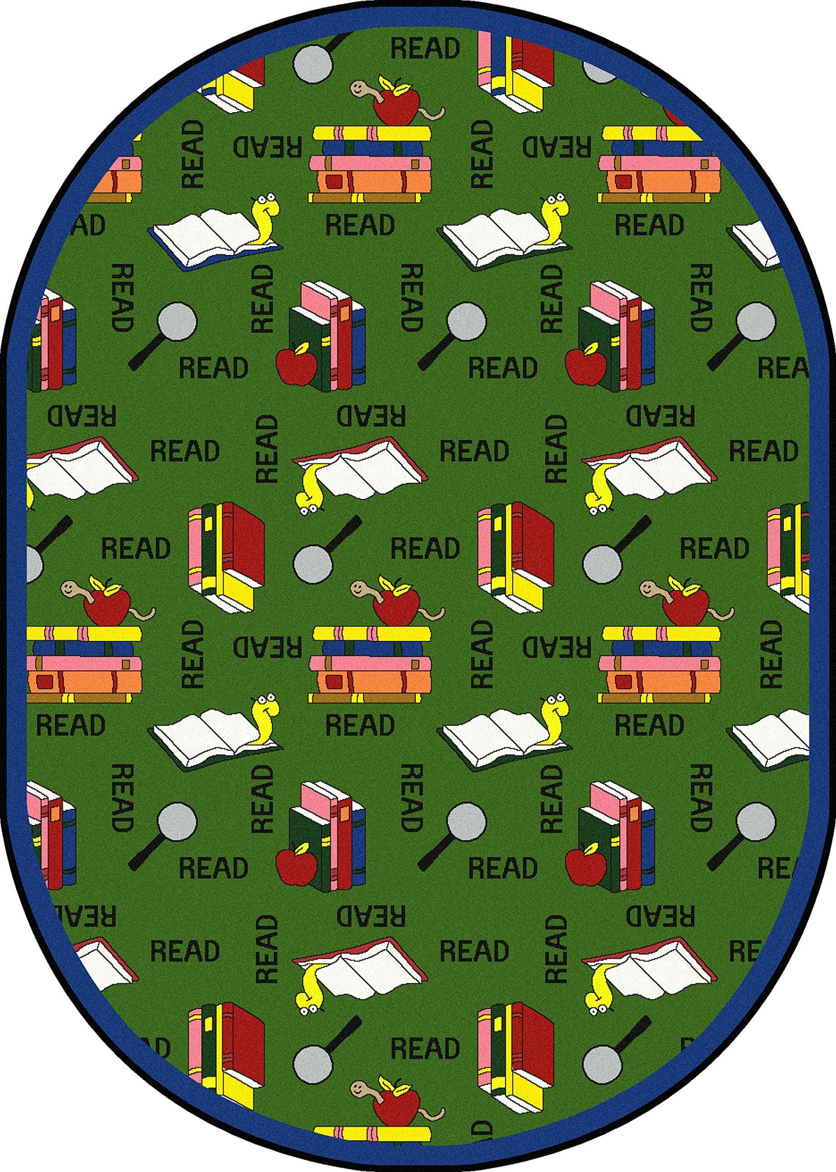 Kid Essentials Language & Literacy Bookworm Rug by Joy Carpets – 10'9" x 13'2" (Oval), Nylon, Green, Model 1419GG-02