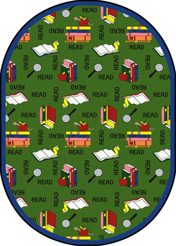 Kid Essentials Language & Literacy Bookworm Rug by Joy Carpets – 10'9" x 13'2" (Oval), Nylon, Green, Model 1419GG-02