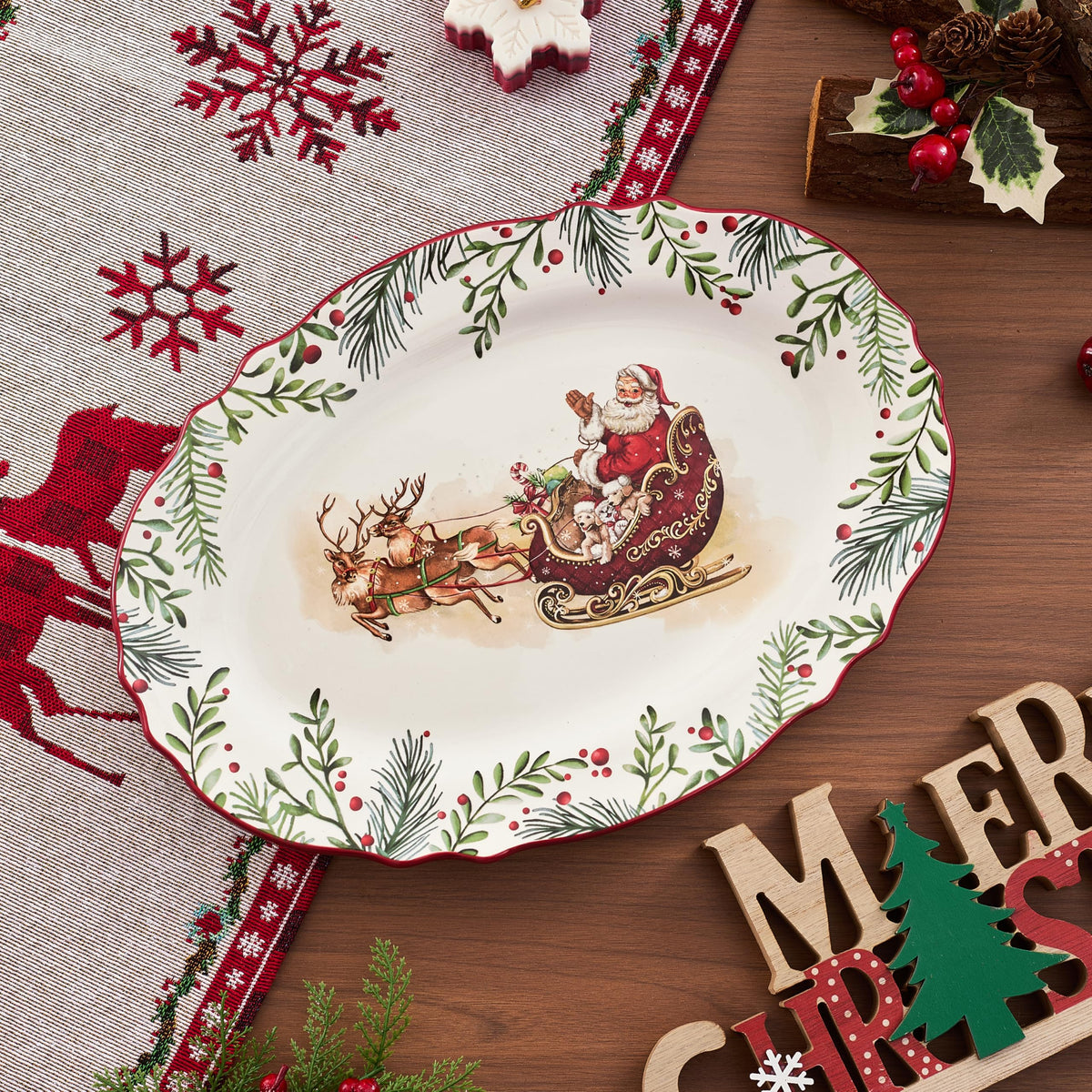 Bico Santa On The Way Scalloped Oval Platters, Large and Medium 16 and 14 Inch, Set of 2