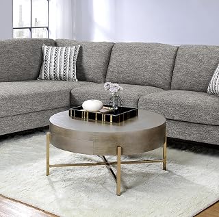 32" Oak Veneer Coffee Table, Round Coffee Table with Metal X Base, Mesa De Centro para Sala with Hidden Drawer Storage for Casual Lounge Spaces, Champagne,Light Brown