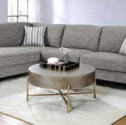 32" Oak Veneer Coffee Table, Round Coffee Table with Metal X Base, Mesa De Centro para Sala with Built-in Drawer Storage for Casual Lounge Areas, Champagne,Light Brown