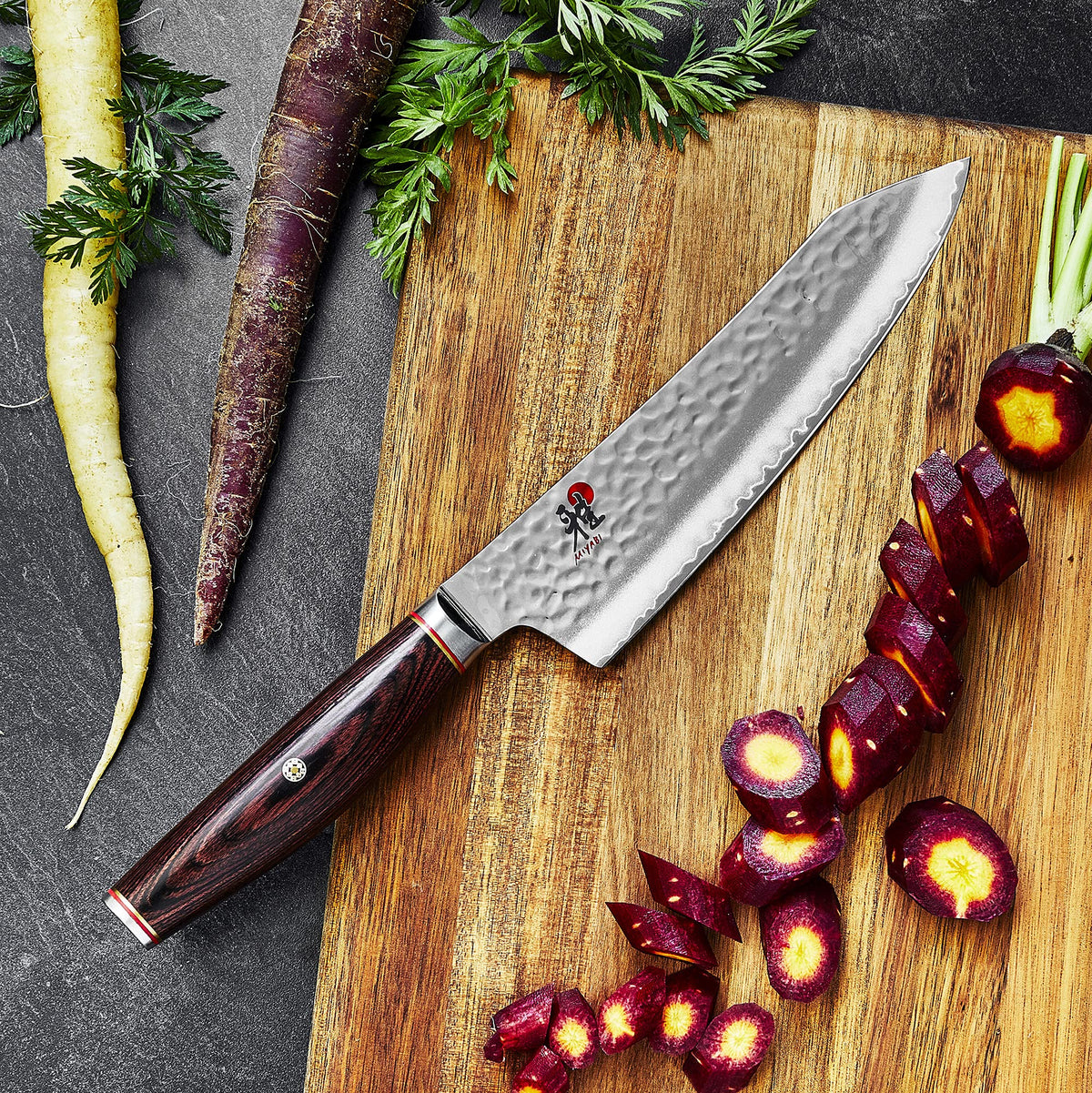 Rocking Santoku by MIYABI – 7", SG2 Tsuchime Steel, Black, Model 34088-183