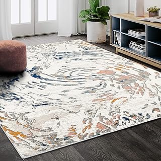 Abani Contemporary Swirl 3' x 5' Area Rug Rugs - Modern Beige & Blue Porto Collection Rectangle Accent Rug