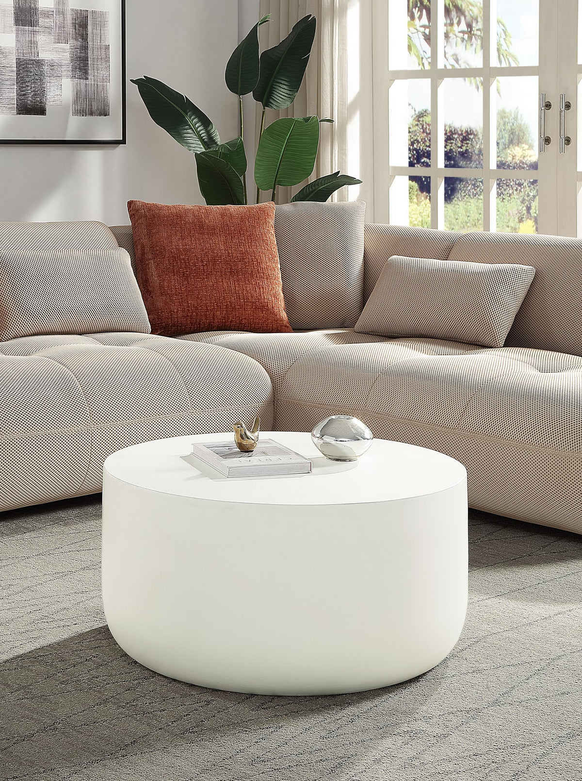 31" Textured Faux Concrete Coffee Table by VUSVAB – Engineered Wood, White