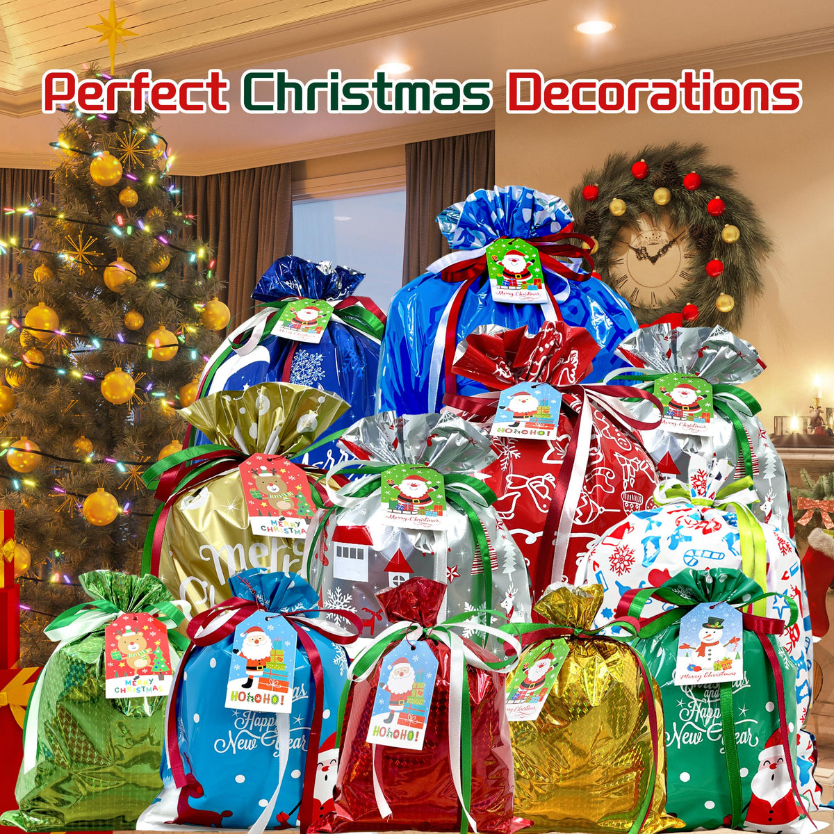 Diamerd Christmas Drawstring Gift Bags, 38 Count Assorted Sizes