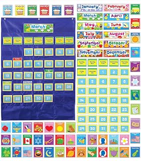 Carson Dellosa Deluxe Calendar Pocket Chart Monthly Classroom Calendar Pocket Chart with Day, Week, Holiday Cards & Storage Pouches - 25" x 35"