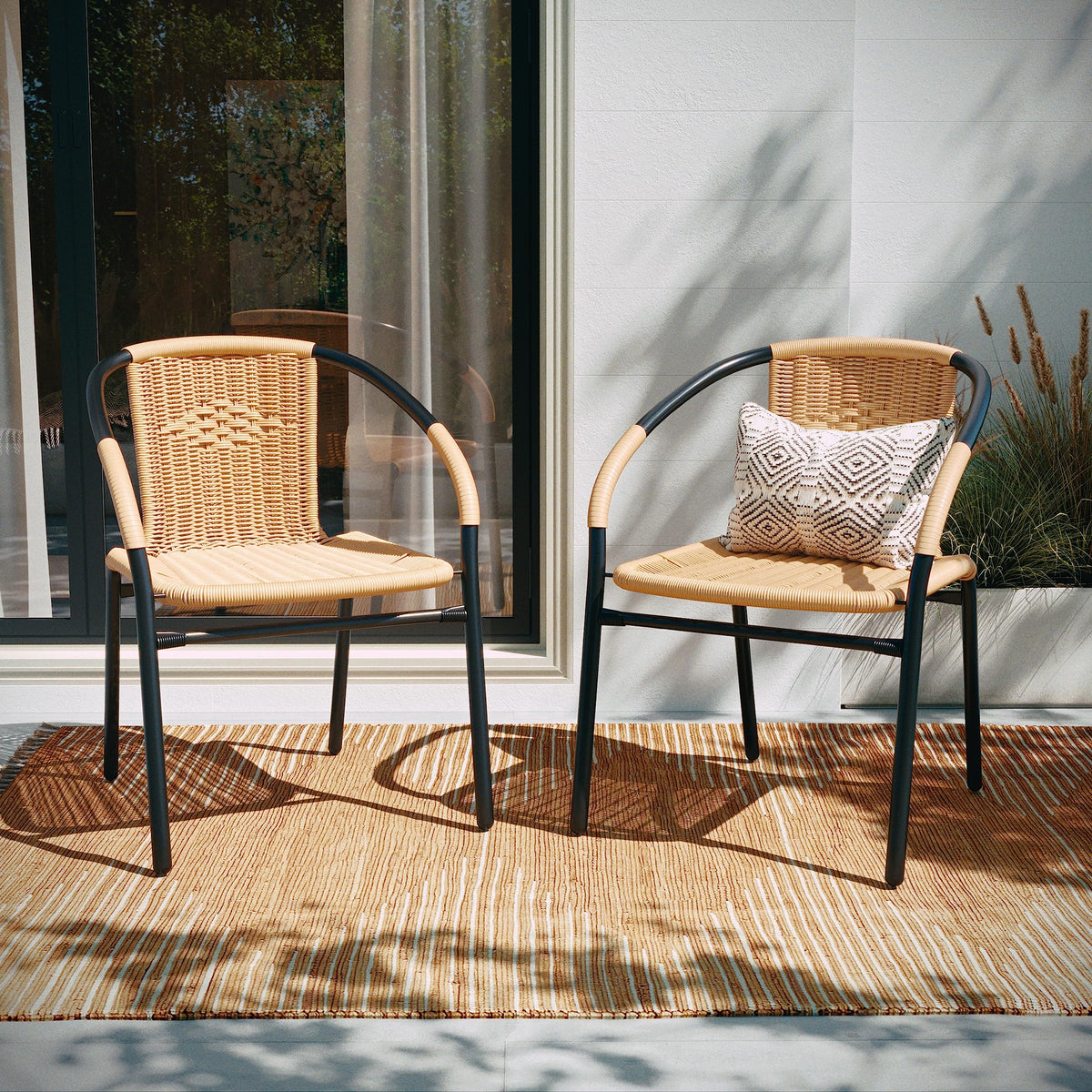 Lila 4 Pack Beige Rattan Indoor-Outdoor Restaurant Stack Chair | Versatile and Stylish Seating by Flash Furniture – Set of 4, Rattan, Beige, Pack of 4, Model 4-TLH-037-BGE-GG